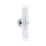 Modern chrome wall light with cylindrical transparent glass for indoor lighting
