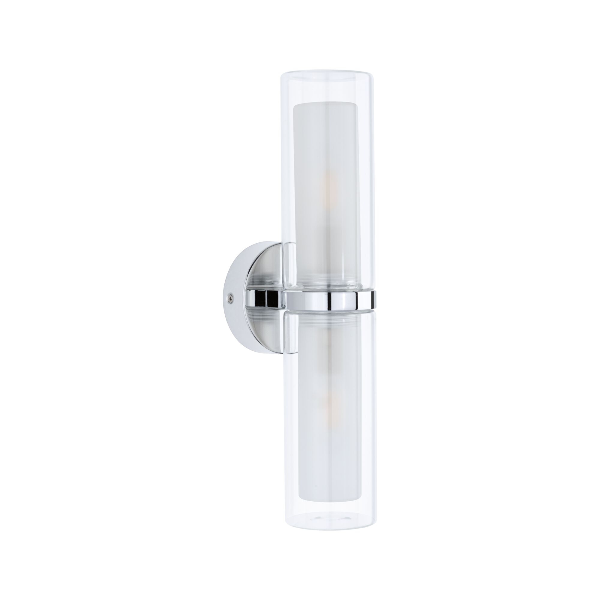 Moderne krom væglampe med cylindrisk klart glas til indendørs belysning