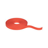 Red textile tape made of durable material, rolled with one end loose, versatile for various uses.