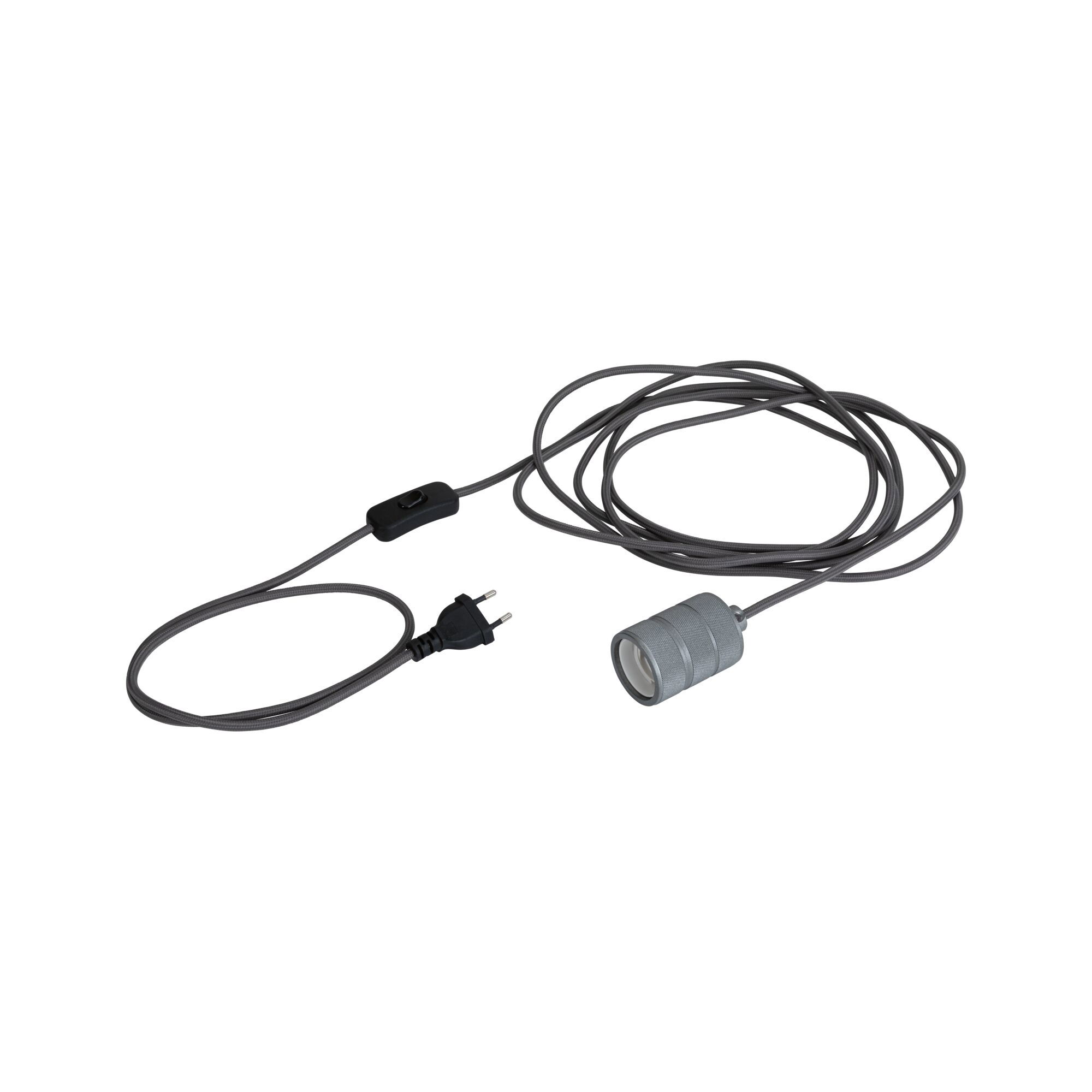 Gråt tekstilkabel med kontakt og grå fatning til LED-pærer, strømkabel med stik