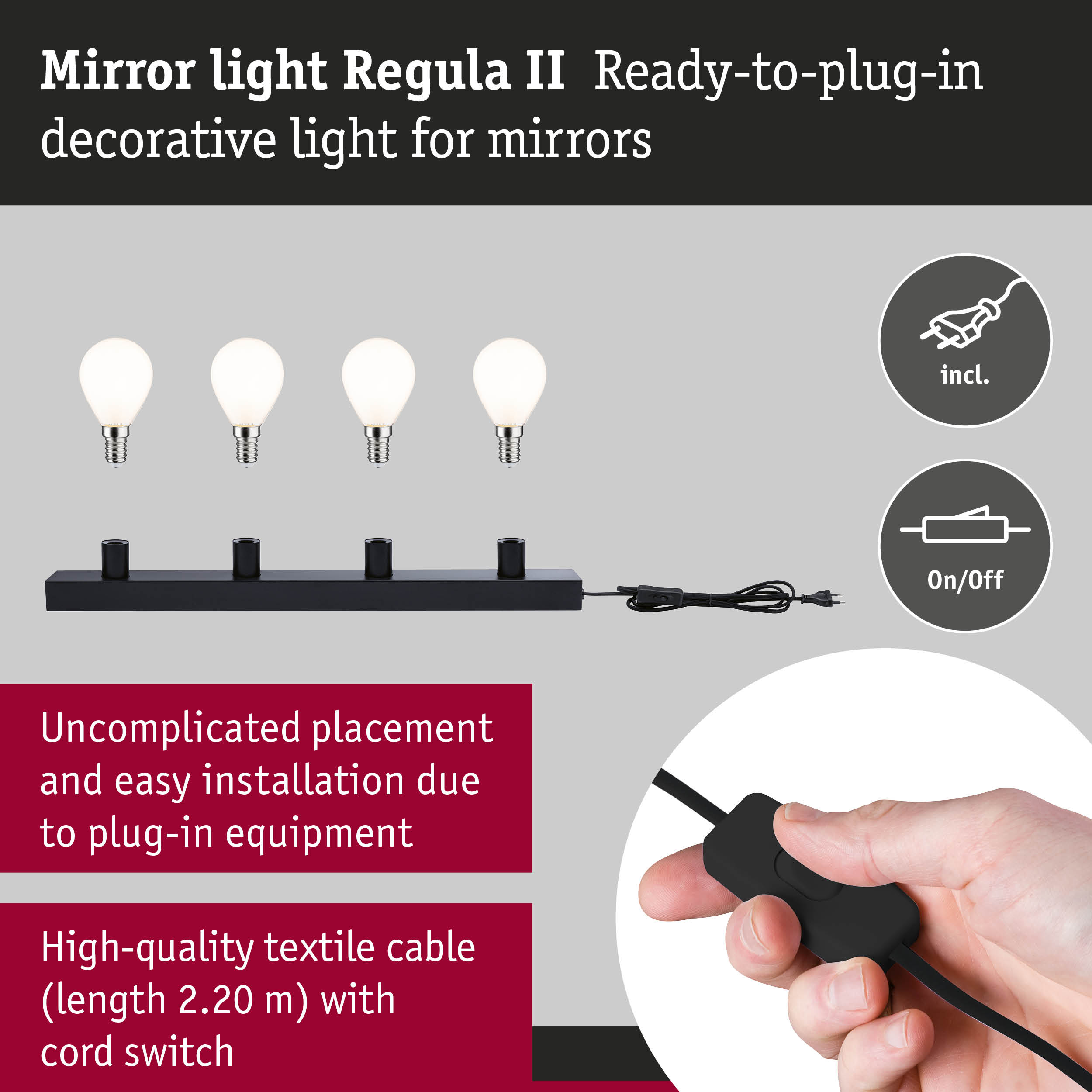 Set Mirror light Regula II including light source 4-lamp E14 2700K 4x470lm 230V 4x4,5W dimmable Black/Opal