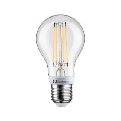 LED-Glühbirne aus klarem Glas mit sichtbaren gelben Filamenten und E27-Fassung für energiesparende Beleuchtung