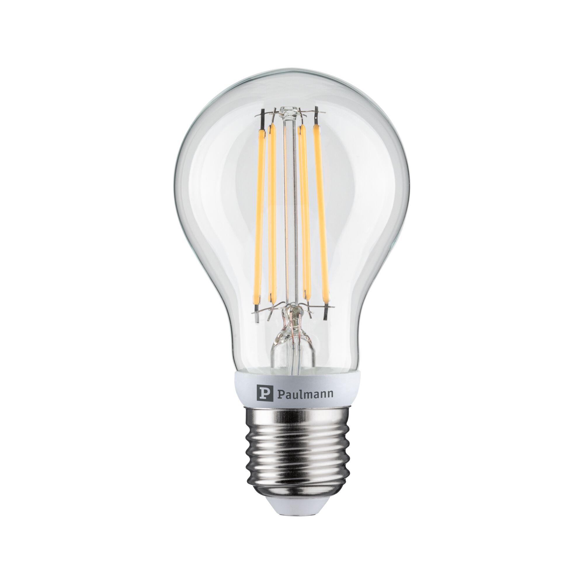 Clear glass LED bulb with visible yellow filaments and E27 base for energy-efficient lighting