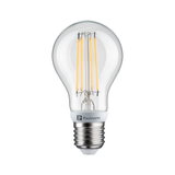 LED-Glühbirne aus klarem Glas mit sichtbaren gelben Filamenten und E27-Fassung für energiesparende Beleuchtung