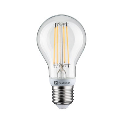 LED-Glühbirne aus klarem Glas mit sichtbaren gelben Filamenten und E27-Fassung für energiesparende Beleuchtung