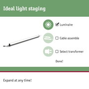 Slim white LED luminaire bar with black cable for indoor light staging and design