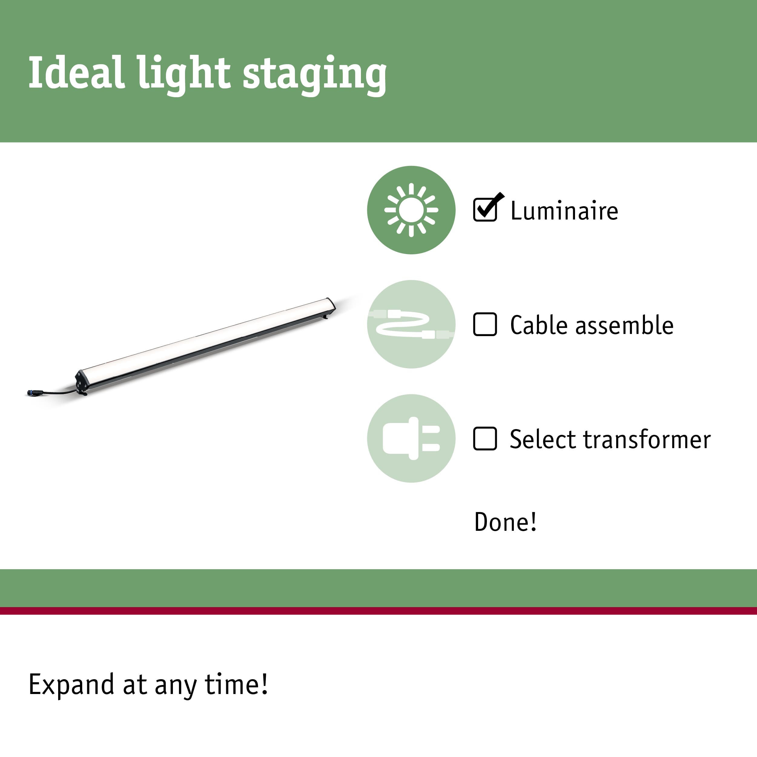 Slim white LED luminaire bar with black cable for indoor light staging and design