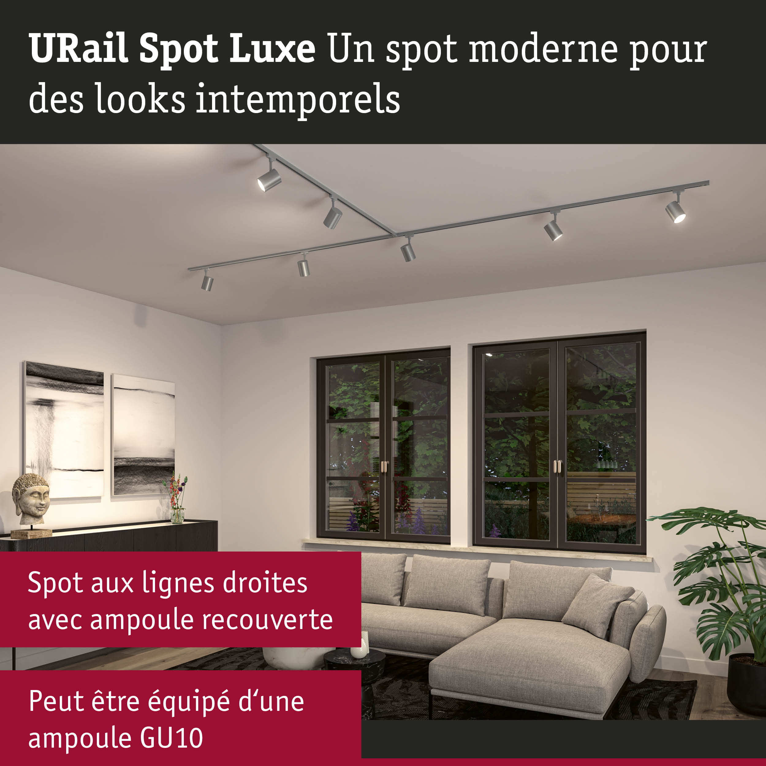 Spot URail Luxe moderne en argent avec lignes droites et ampoule LED GU10 pour éclairage salon