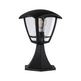 Black metal outdoor lamp with clear glass and visible LED bulb for garden lighting