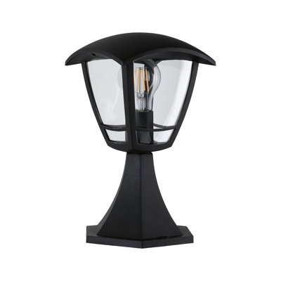 Black metal outdoor lamp with clear glass and visible LED bulb for garden lighting