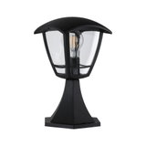 Schwarze Außenleuchte aus Metall mit klarem Glas und sichtbarer LED-Glühbirne für Gartenbeleuchtung