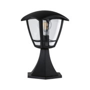 Schwarze Außenleuchte aus Metall mit klarem Glas und sichtbarer LED-Glühbirne für Gartenbeleuchtung