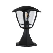 Schwarze Außenleuchte aus Metall mit klarem Glas und sichtbarer LED-Glühbirne für Gartenbeleuchtung