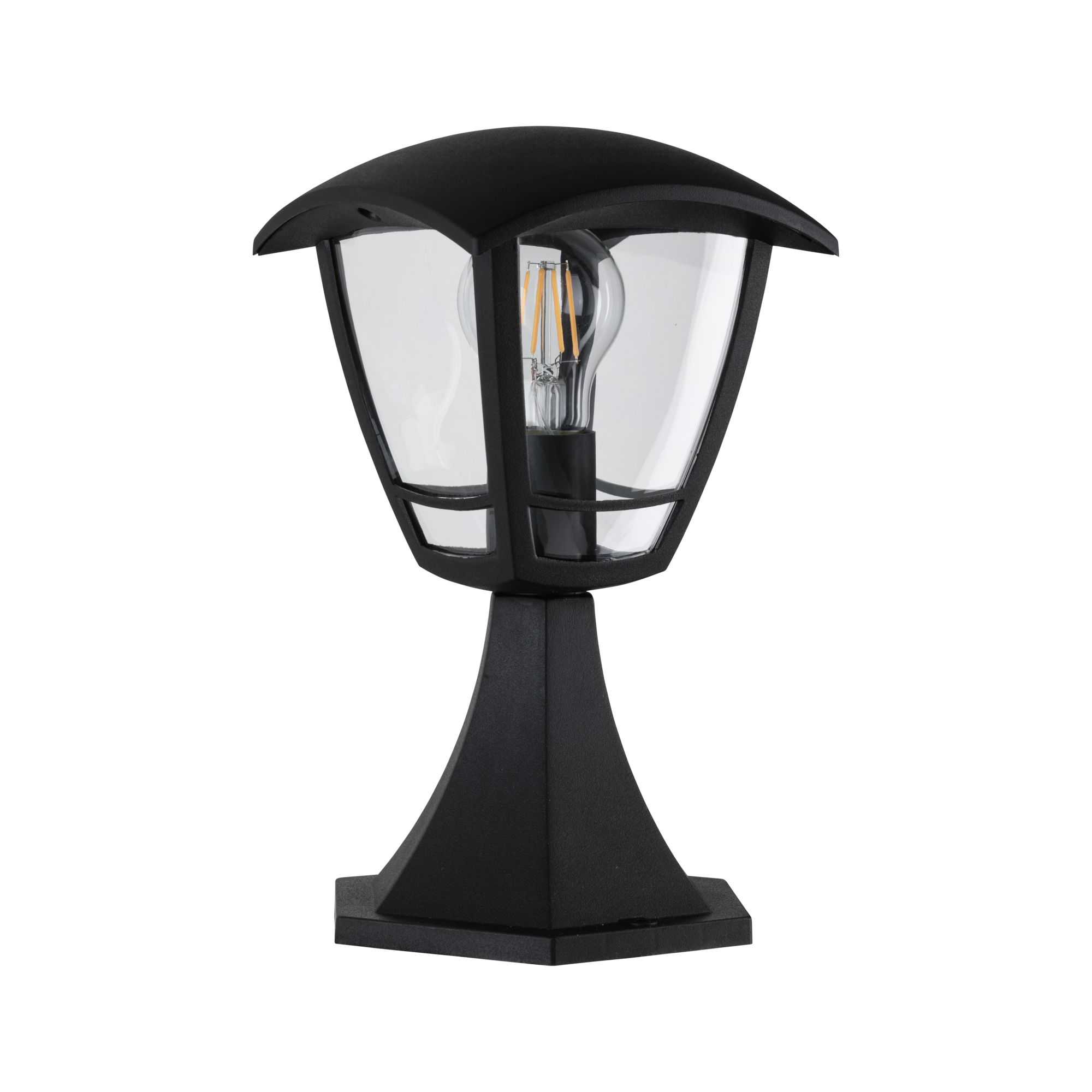 Schwarze Außenleuchte aus Metall mit klarem Glas und sichtbarer LED-Glühbirne für Gartenbeleuchtung