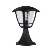 Schwarze Außenleuchte aus Metall mit klarem Glas und sichtbarer LED-Glühbirne für Gartenbeleuchtung