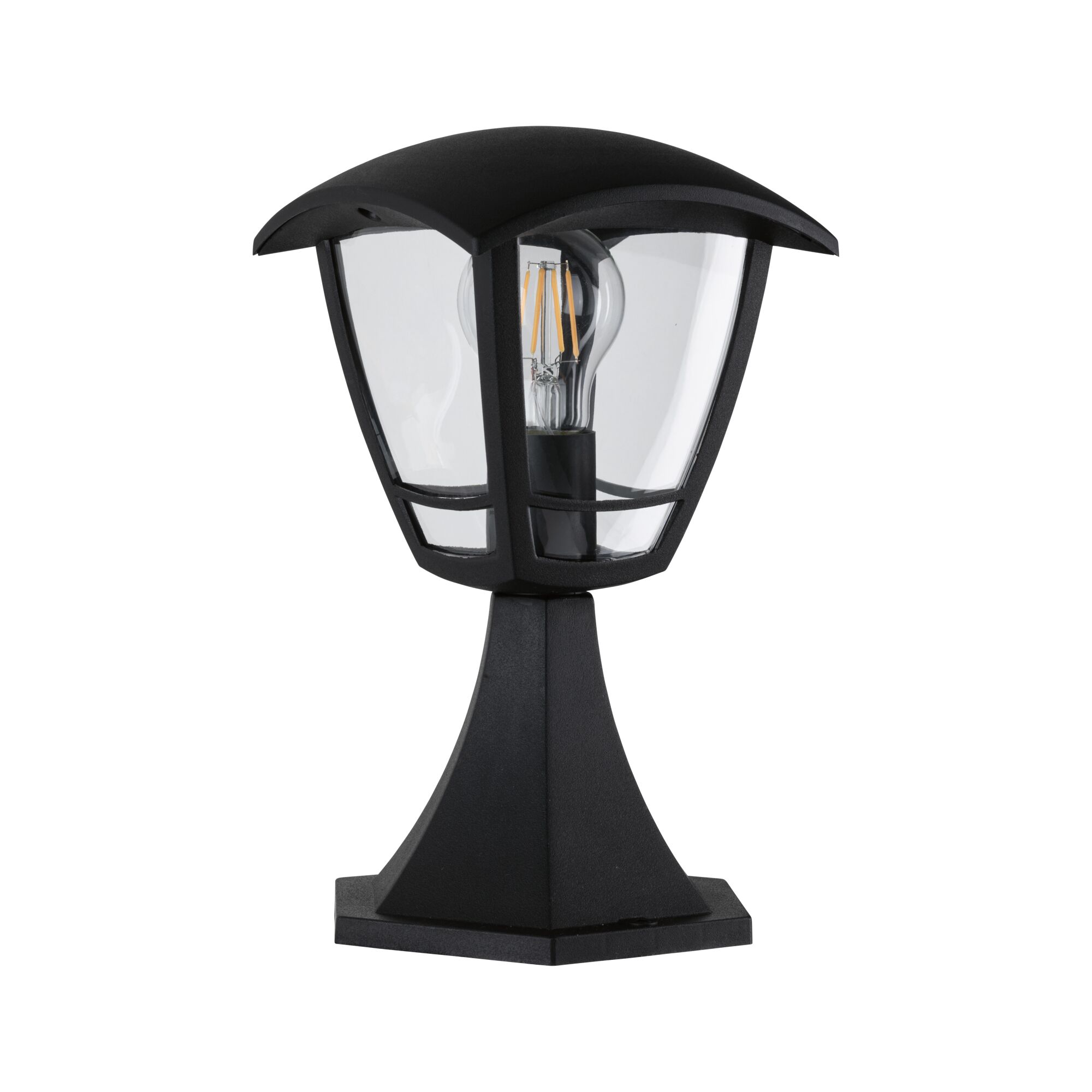 Lampe extérieure noire en métal avec verre transparent et ampoule LED visible pour éclairage de jardin