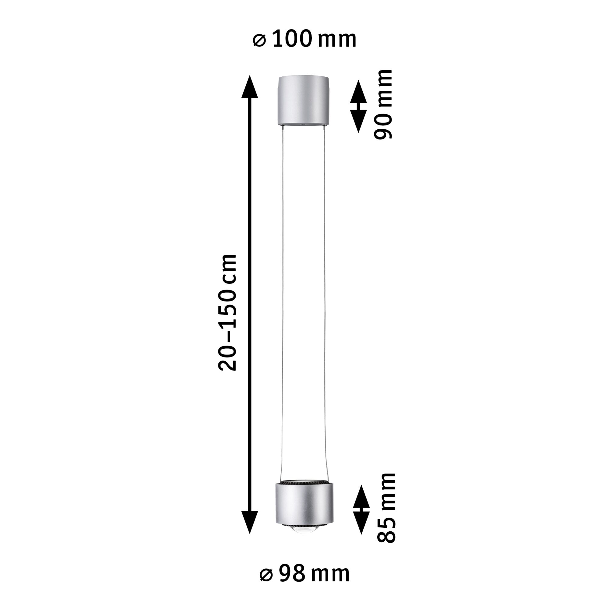 Maßzeichnung einer silbernen LED-Hängeleuchte mit verstellbarer Länge 20-150 cm und 10 cm Durchmesser
