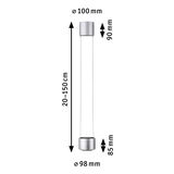 Maßzeichnung einer silbernen LED-Hängeleuchte mit verstellbarer Länge 20-150 cm und 10 cm Durchmesser