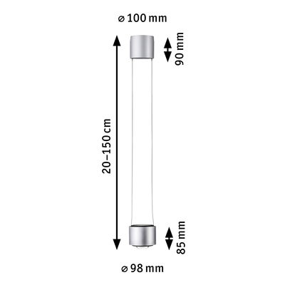 Maßzeichnung einer silbernen LED-Hängeleuchte mit verstellbarer Länge 20-150 cm und 10 cm Durchmesser