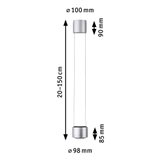 Maßzeichnung einer silbernen LED-Hängeleuchte mit verstellbarer Länge 20-150 cm und 10 cm Durchmesser