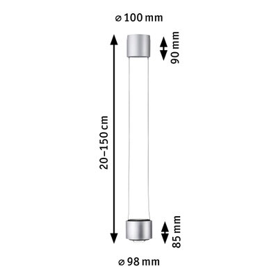 Maßzeichnung einer silbernen LED-Hängeleuchte mit verstellbarer Länge 20-150 cm und 10 cm Durchmesser