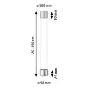 Maßzeichnung einer silbernen LED-Hängeleuchte mit 150 cm Länge und 100 mm Durchmesser