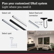 Modular URail track system with black and white aluminium rails for flexible LED lighting setup.