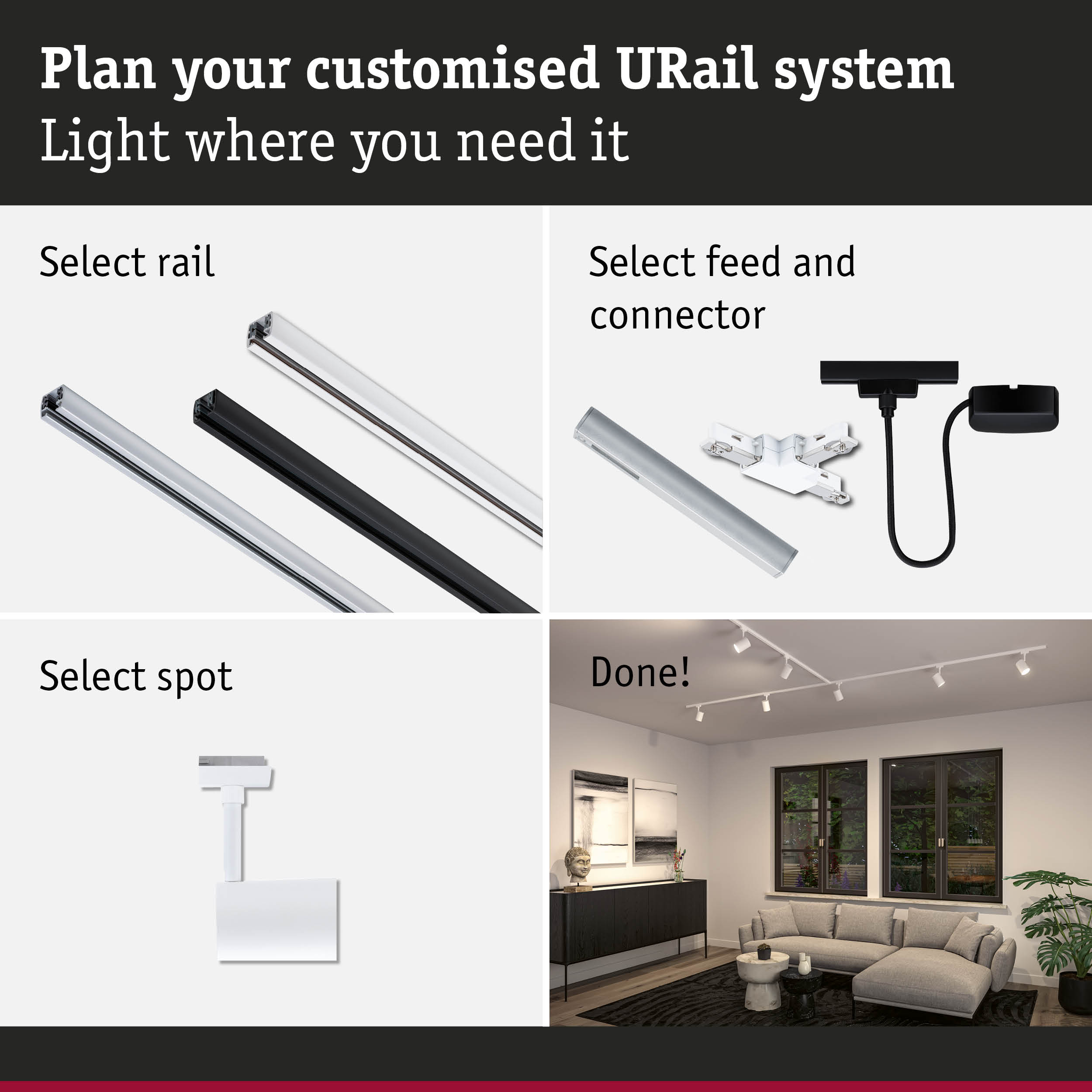 Modular URail track system with black and white aluminium rails for flexible LED lighting setup.