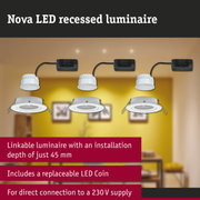 Nova LED recessed downlight in white with black cable, energy-efficient LED ceiling light