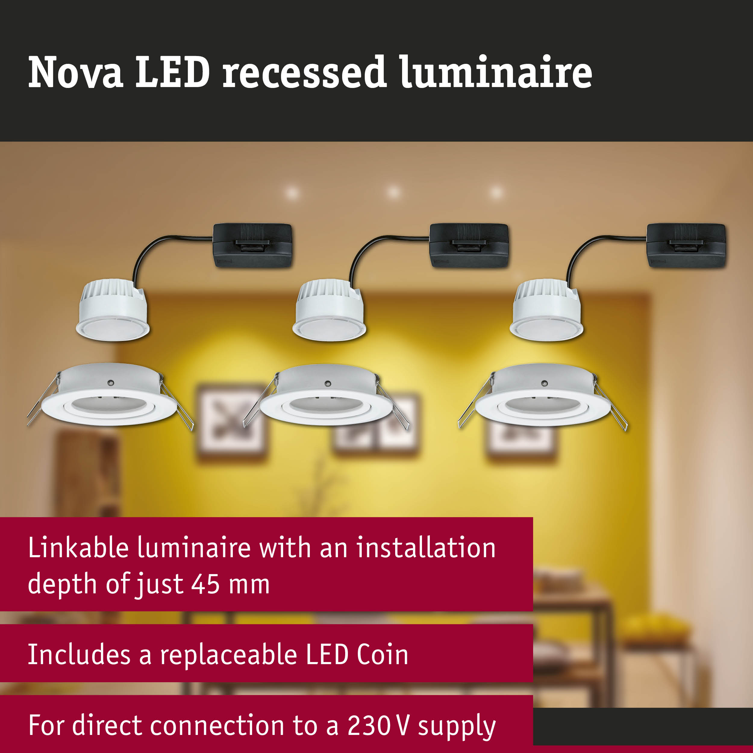 Nova LED recessed downlight in white with black cable, energy-efficient LED ceiling light