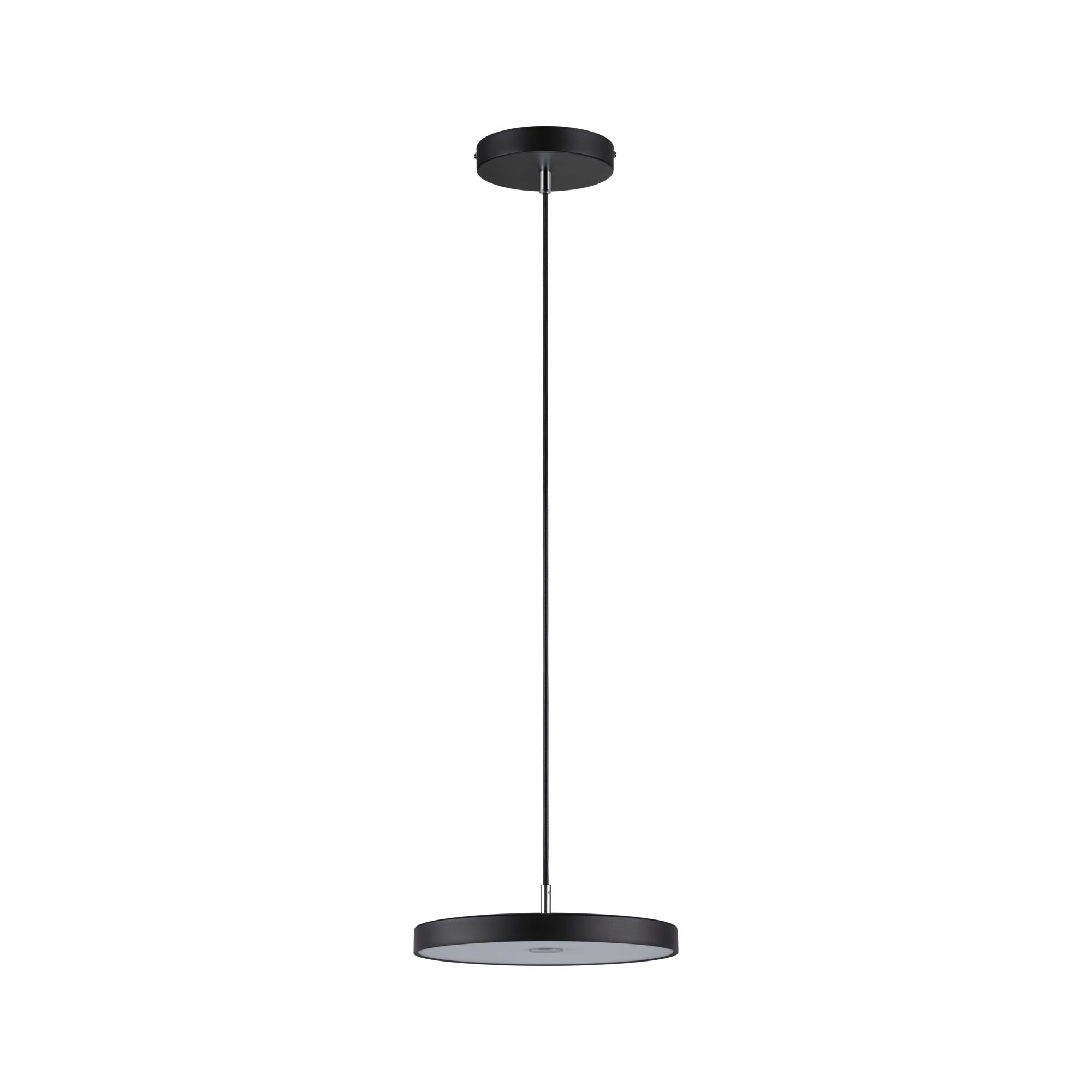 Zwarte metalen LED-hanglamp met ronde diffuser voor moderne interieurs en energiezuinige verlichting