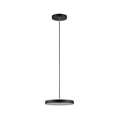 Zwarte metalen LED-hanglamp met ronde diffuser voor moderne interieurs en energiezuinige verlichting