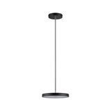 Black metal LED pendant light with round diffuser for modern interiors and energy-efficient lighting