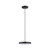 Black metal LED pendant light with round diffuser for modern interiors and energy-efficient lighting