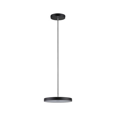 Zwarte metalen LED-hanglamp met ronde diffuser voor moderne interieurs en energiezuinige verlichting