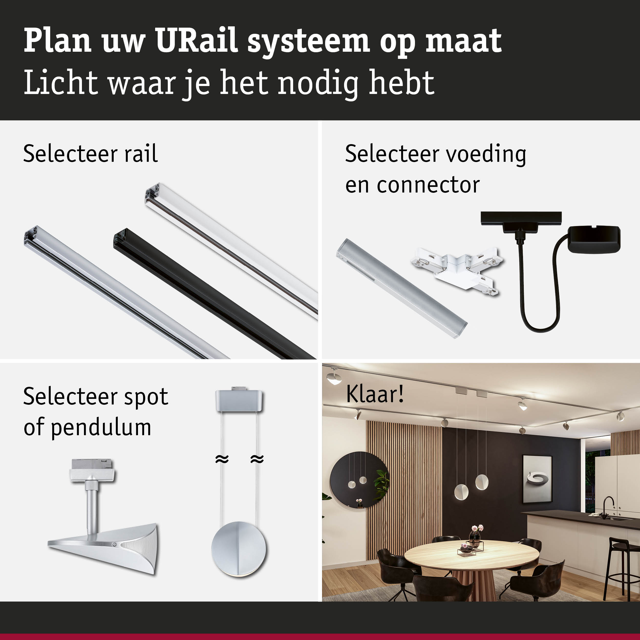 Modulair URail railsysteem in zwart en wit met spots en connectoren voor flexibele LED-verlichting