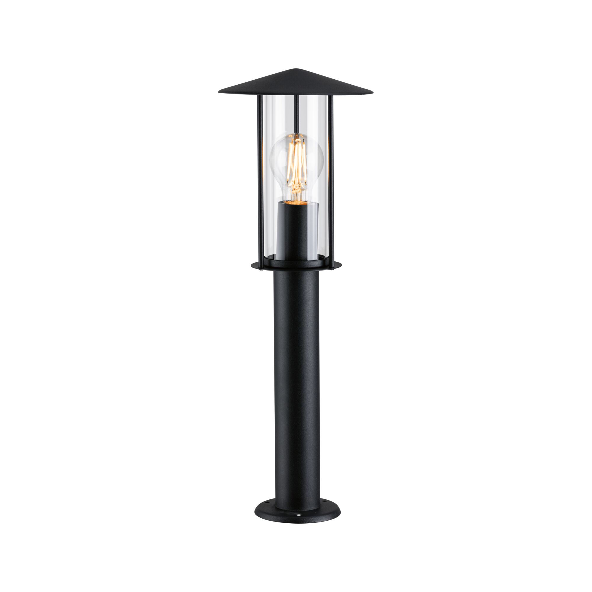Lampe extérieure noire en métal avec verre transparent et ampoule visible pour éclairage de jardin