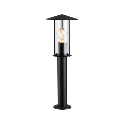Black outdoor metal lamp with clear glass and visible bulb for garden lighting