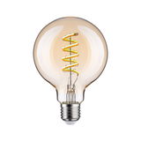 Round LED bulb with spiral filament in amber color for decorative lighting and energy saving