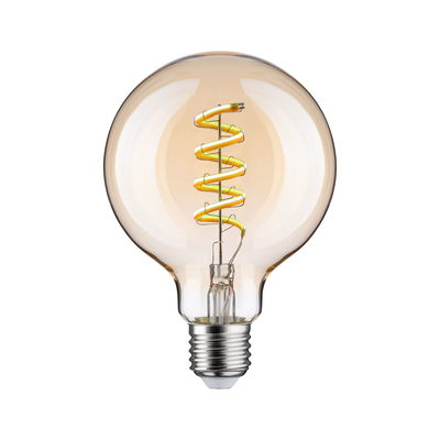 Round LED bulb with spiral filament in amber color for decorative lighting and energy saving