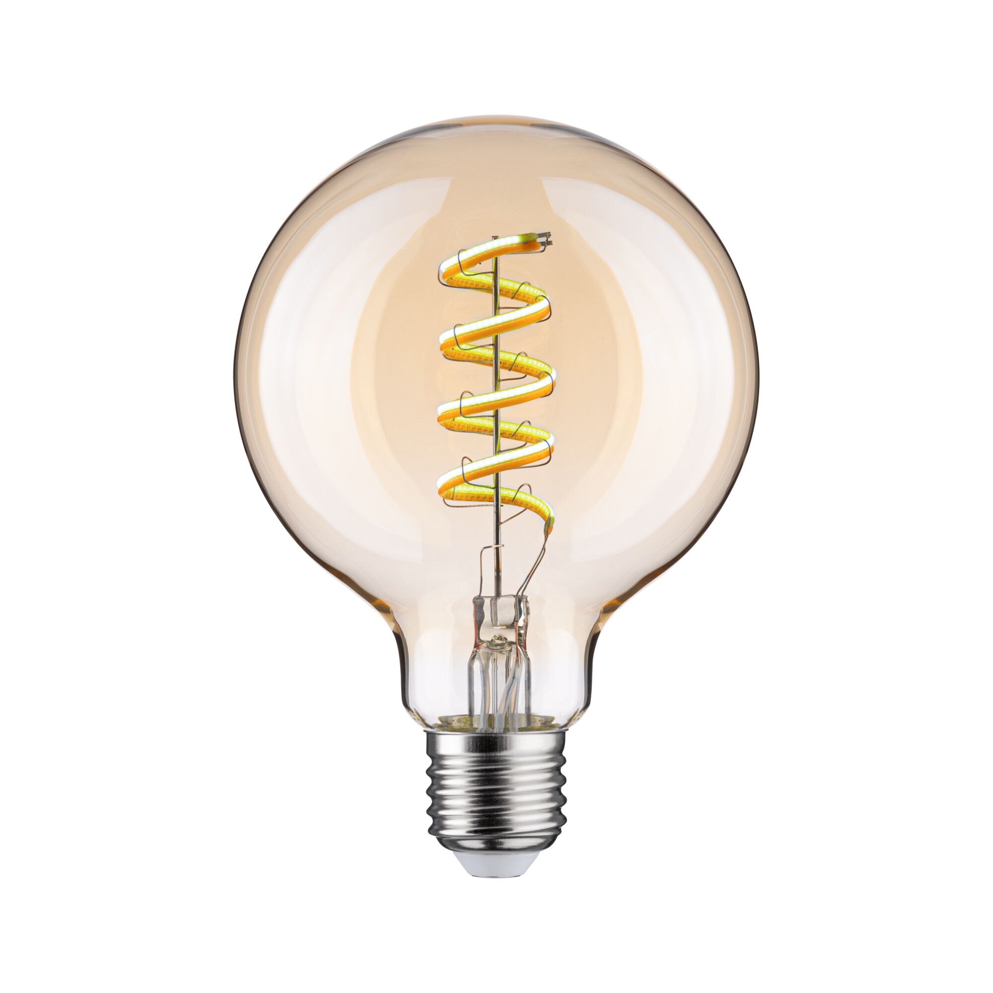 Round LED bulb with spiral filament in amber color for decorative lighting and energy saving