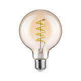 Round LED bulb with spiral filament in amber color for decorative lighting and energy saving