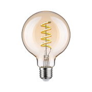 Round LED bulb with spiral filament in amber color for decorative lighting and energy saving