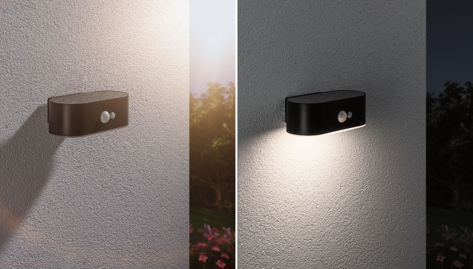 Schwarze LED-Außenwandleuchte mit Bewegungsmelder an weißer Wand, Tag- und Nachtansicht