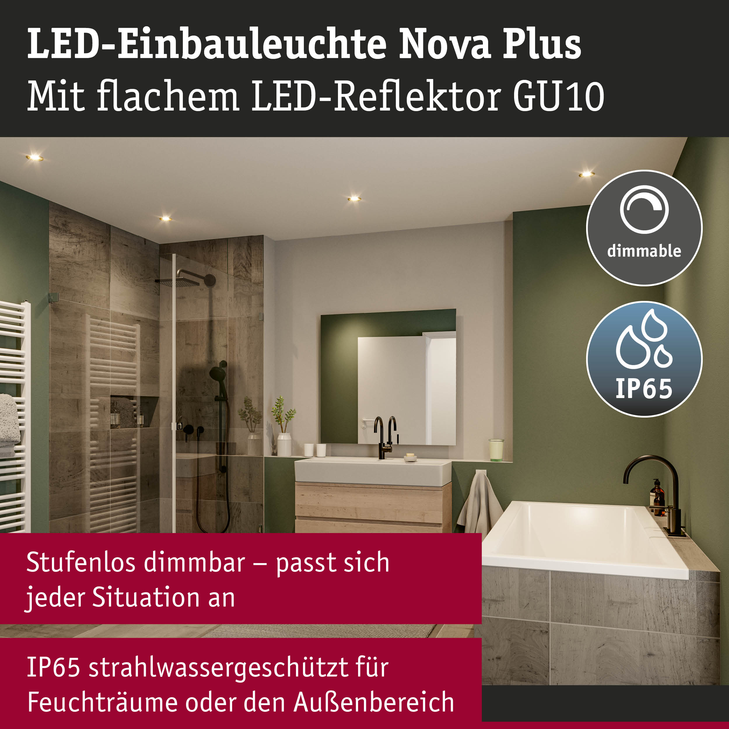 LED-Einbauleuchte Nova Plus in Weiß mit dimmbarem LED-Reflektor GU10, IP65 für Badezimmerbeleuchtung