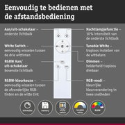 Witte afstandsbediening met knoppen voor dimbaar licht, witte schakelaar en RGBW-kleurkeuze