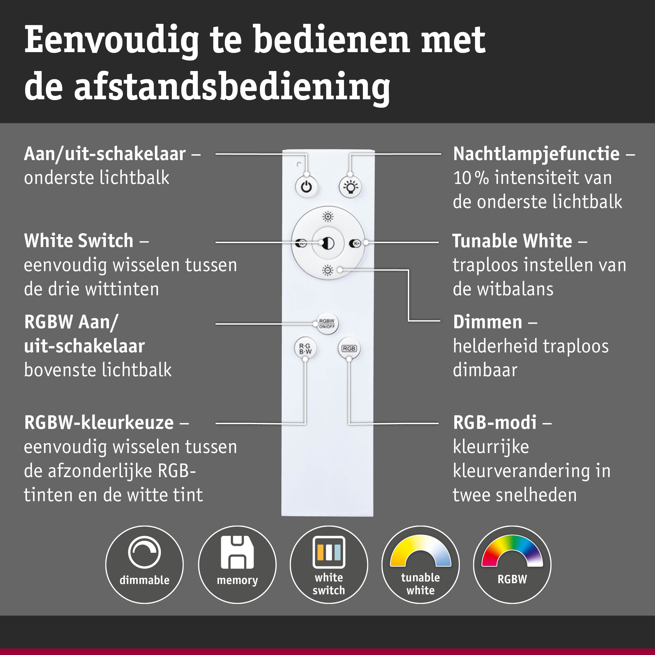 Witte afstandsbediening met knoppen voor dimbaar licht, witte schakelaar en RGBW-kleurkeuze