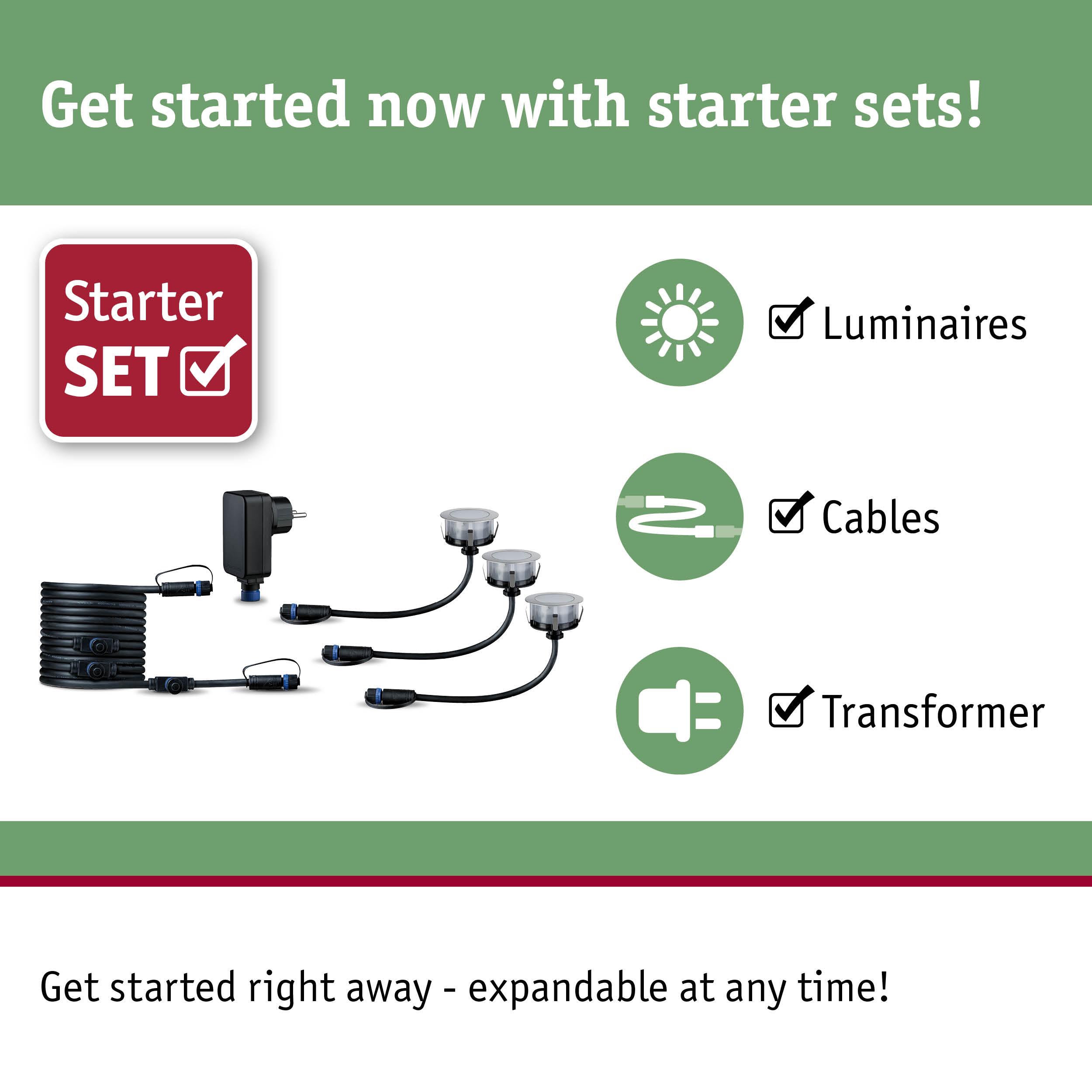 Starter set with black cables, transformer, and three small LED luminaires for lighting systems