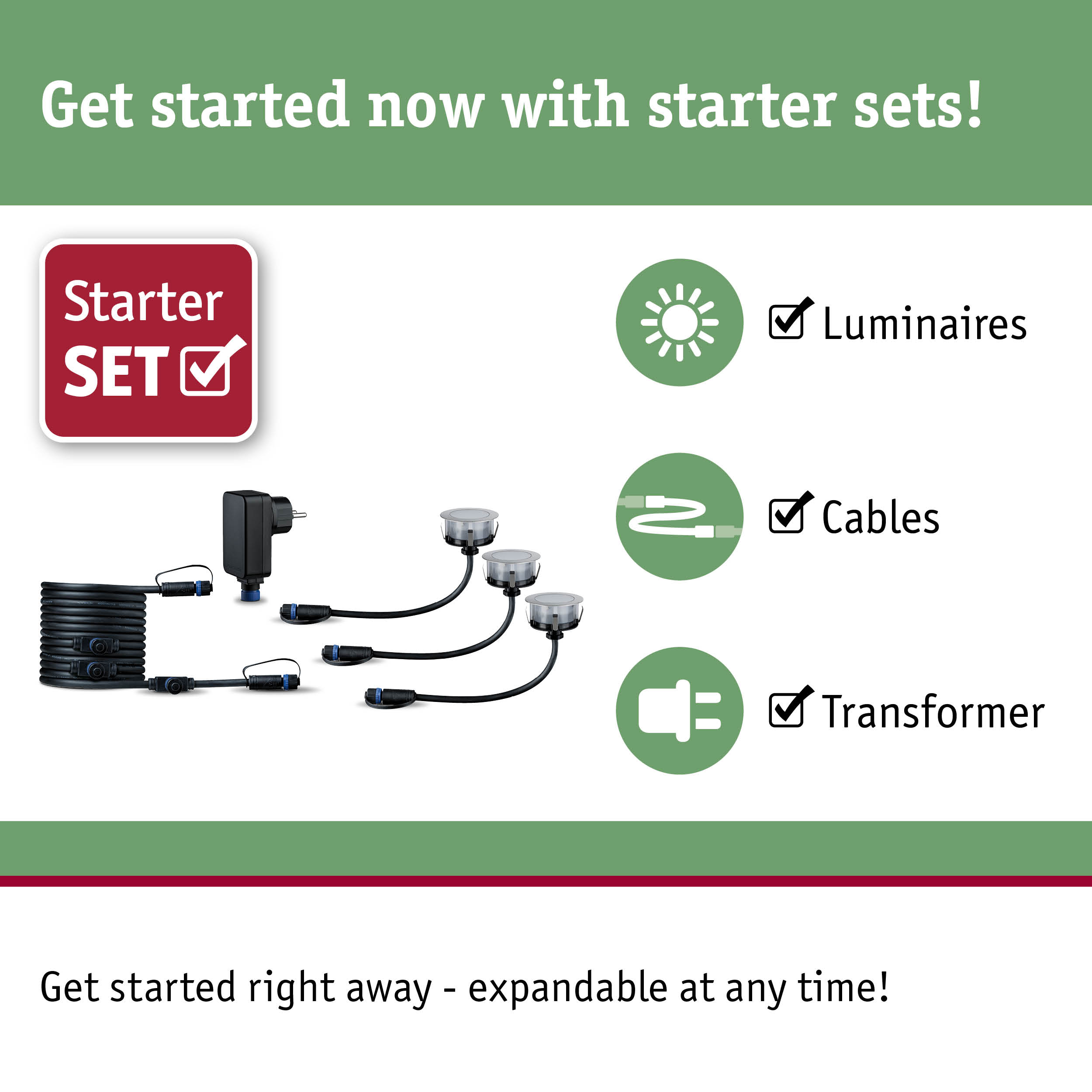 Starter set with black cables, transformer, and LED recessed luminaires for lighting systems