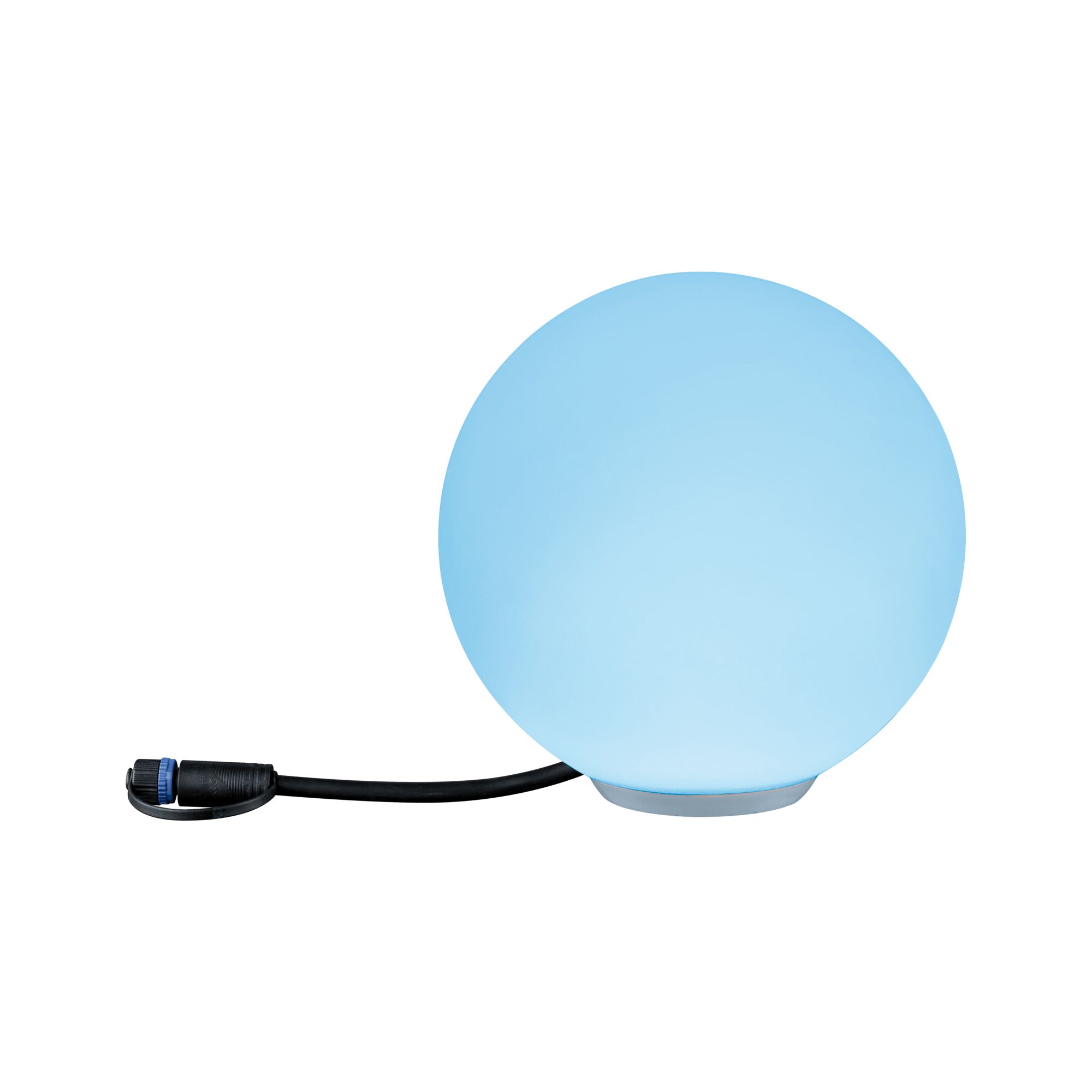 Round light blue LED lamp with black cable, ideal for outdoor lighting and garden use.